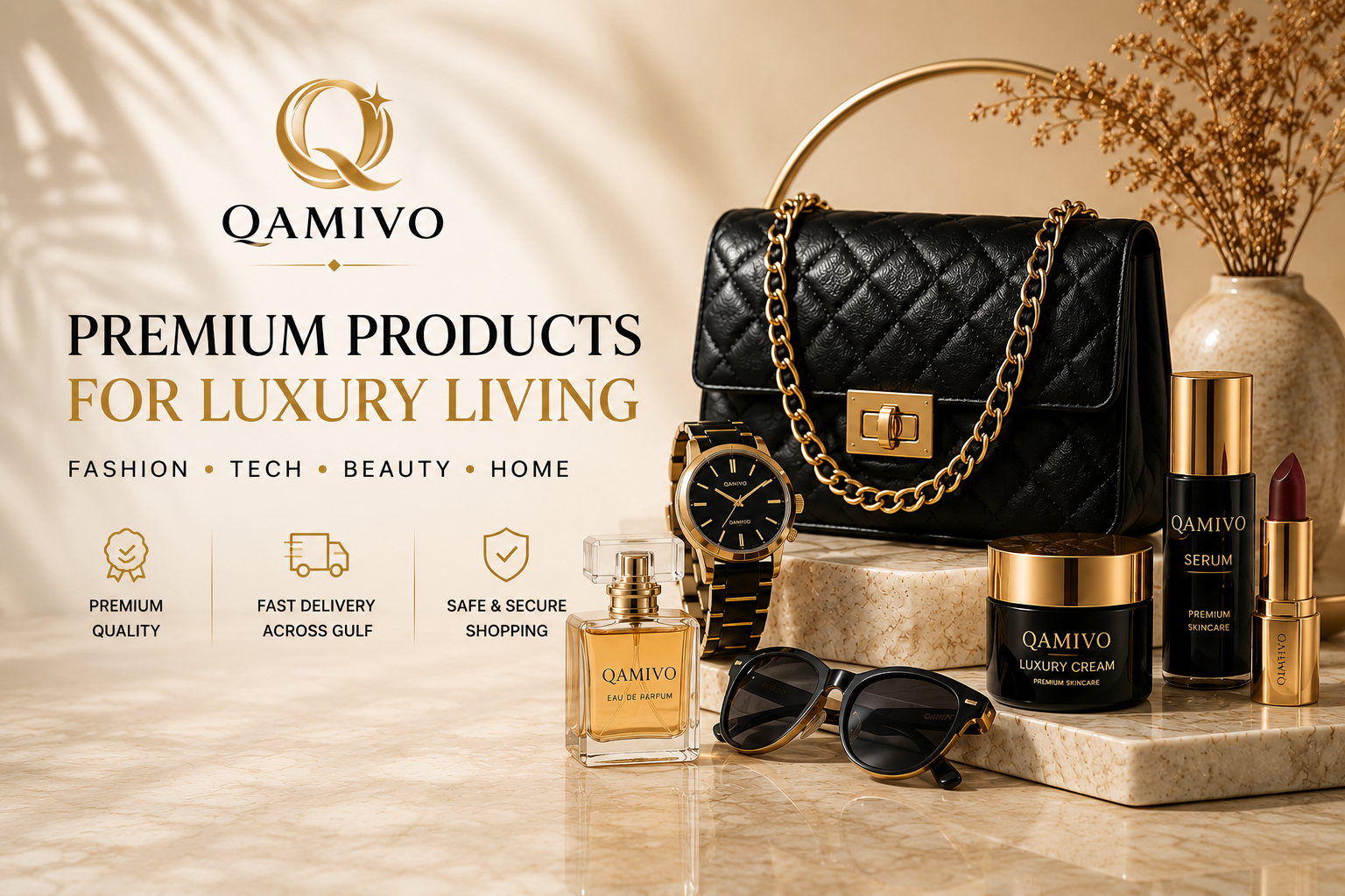 Qamivo luxury products including a black handbag, watch, sunglasses, and other accessories on a beige background.